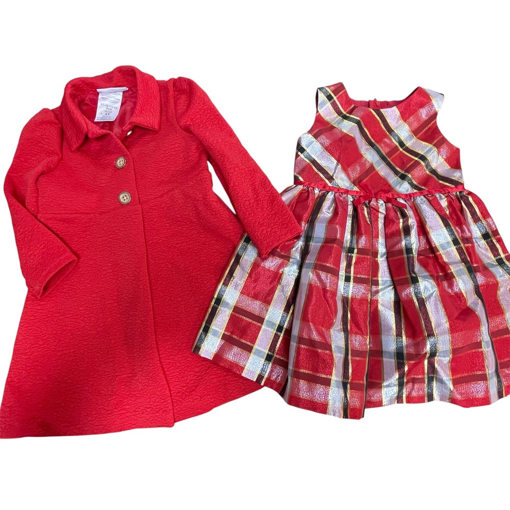 Bonnie Jean‎ Girls 3T Red Plaid Metallic Dress Coat Set Christmas Holiday